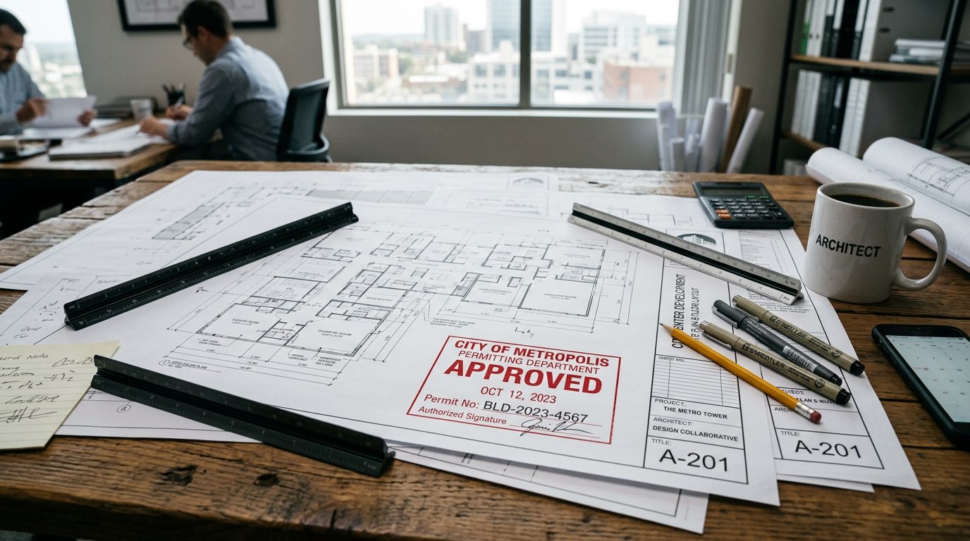 Architectural blueprints with a building permit approval stamp