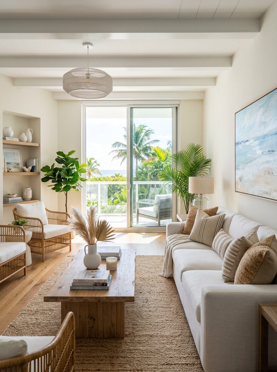 Modern coastal living room interior, South Florida